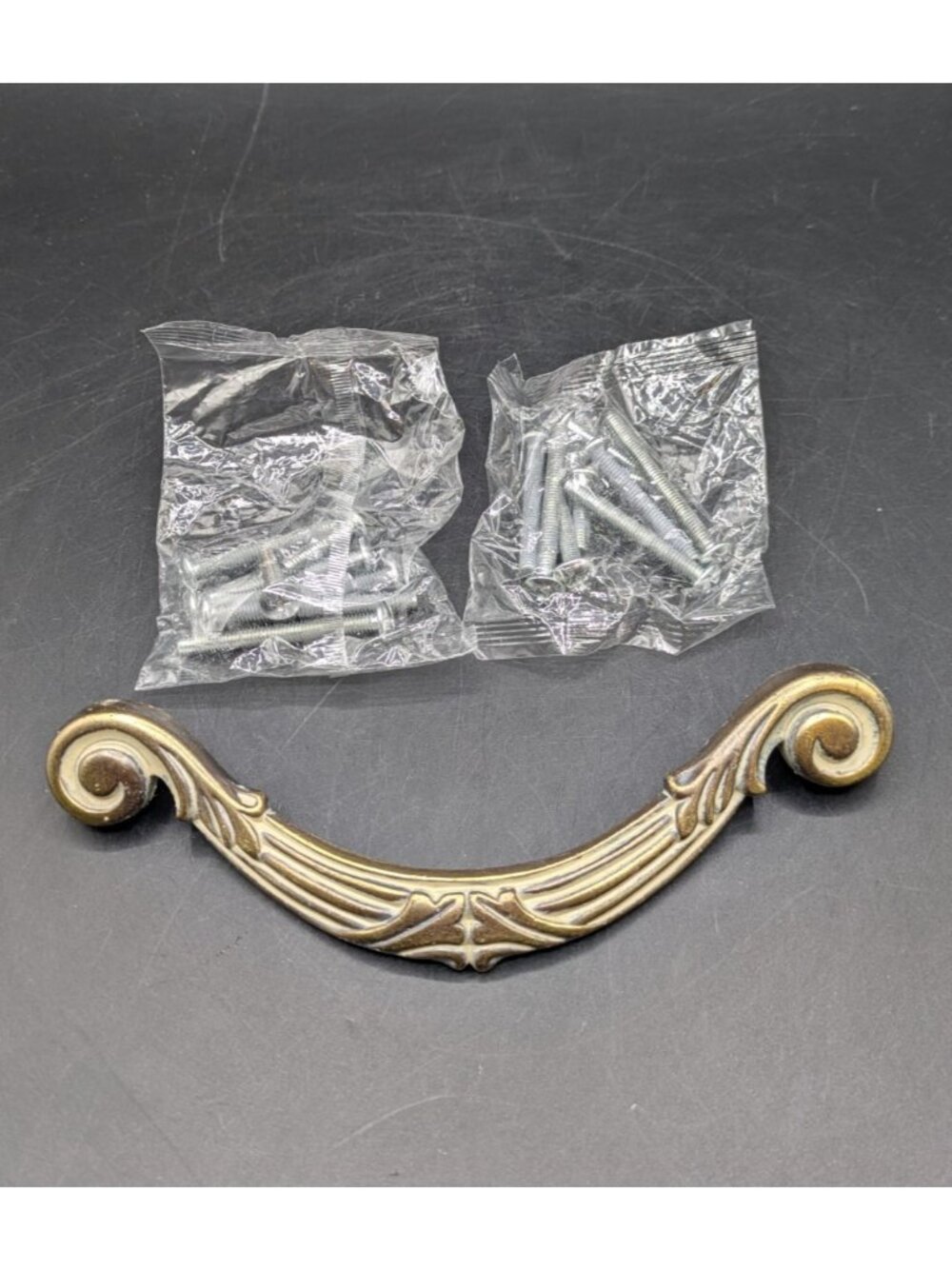 Vtg Lot of 7 Drawer Pulls Cupboard Cabinet Handles Antiqued Gold Scroll 5" NIP
